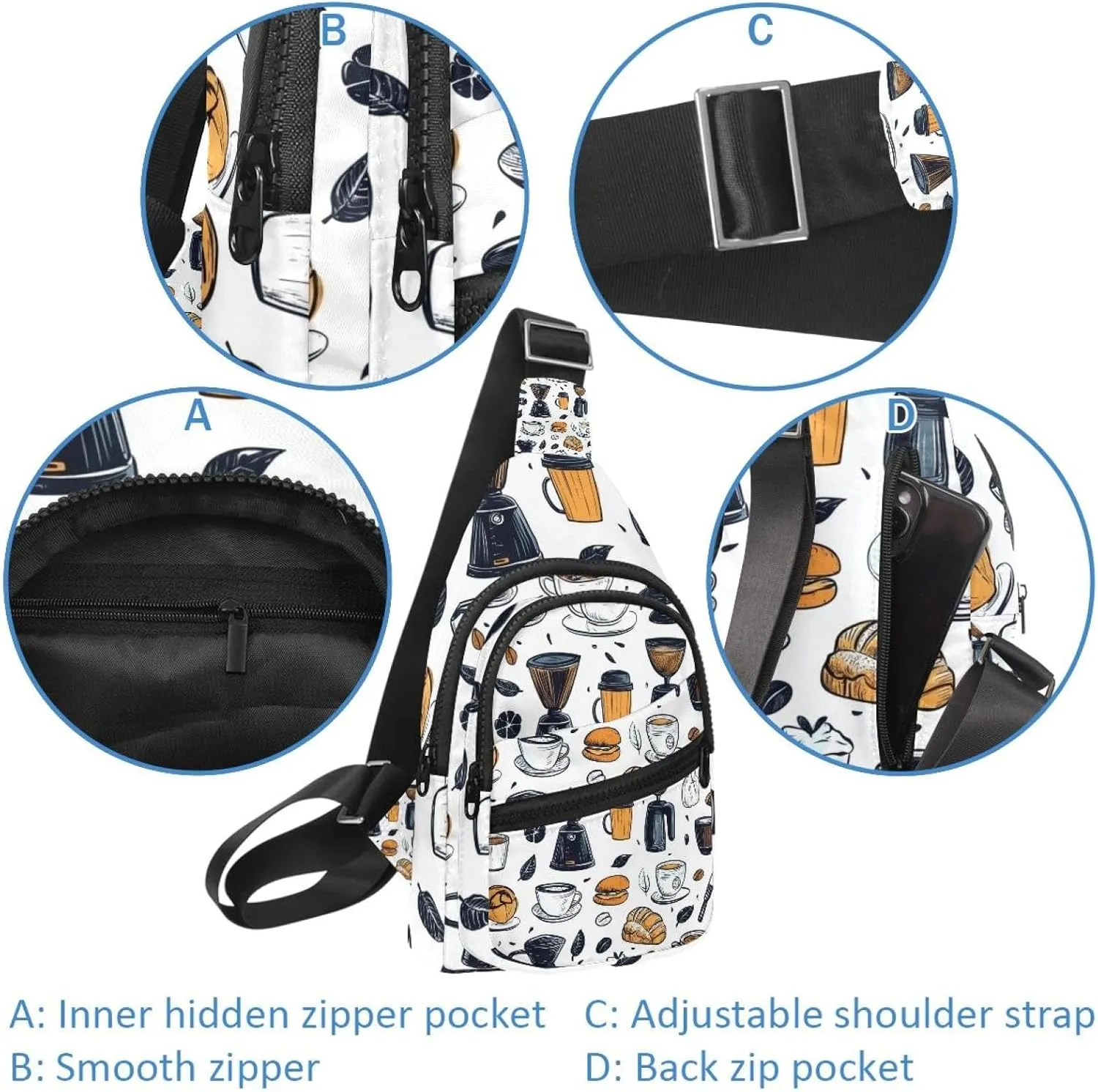 coffee makers cups bakery milk (3) Crossbody Bag with Adjustable Shoulder Strap, Shoulder Bag for Men and Women Sling Backpack for Travel, Cycling, Work, Sport
