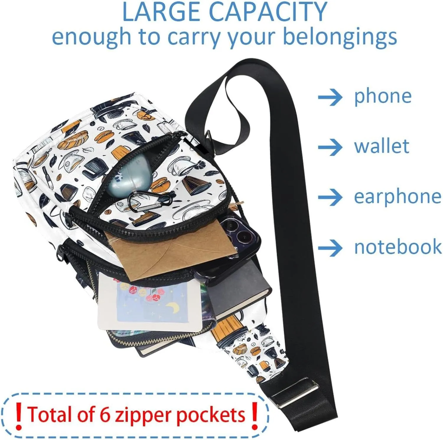 coffee makers cups bakery milk (3) Crossbody Bag with Adjustable Shoulder Strap, Shoulder Bag for Men and Women Sling Backpack for Travel, Cycling, Work, Sport