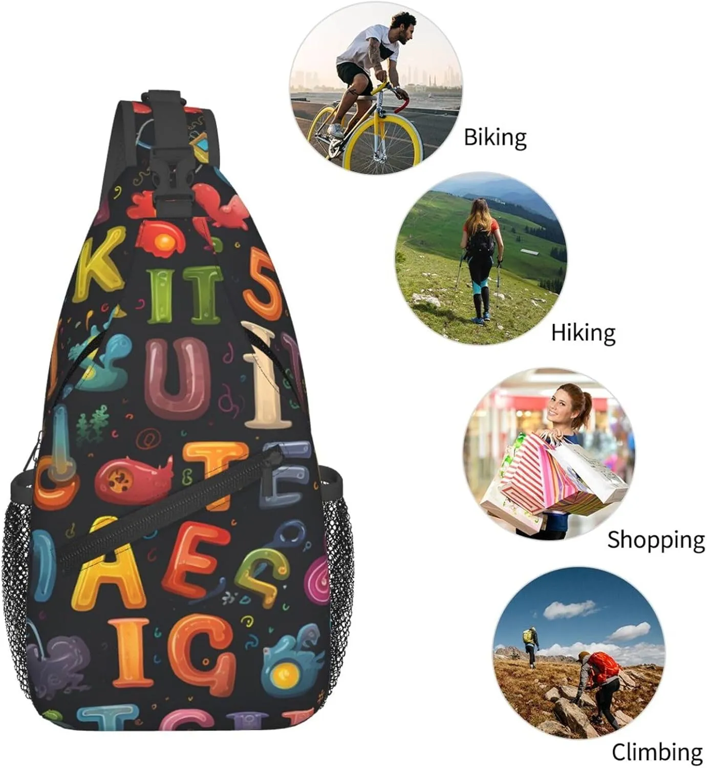 Colorful Education Alphabet Sling Bag Crossbody Bag for Men Women, Daypack Chest Backpack Shoulder Bag for Travle Hiking