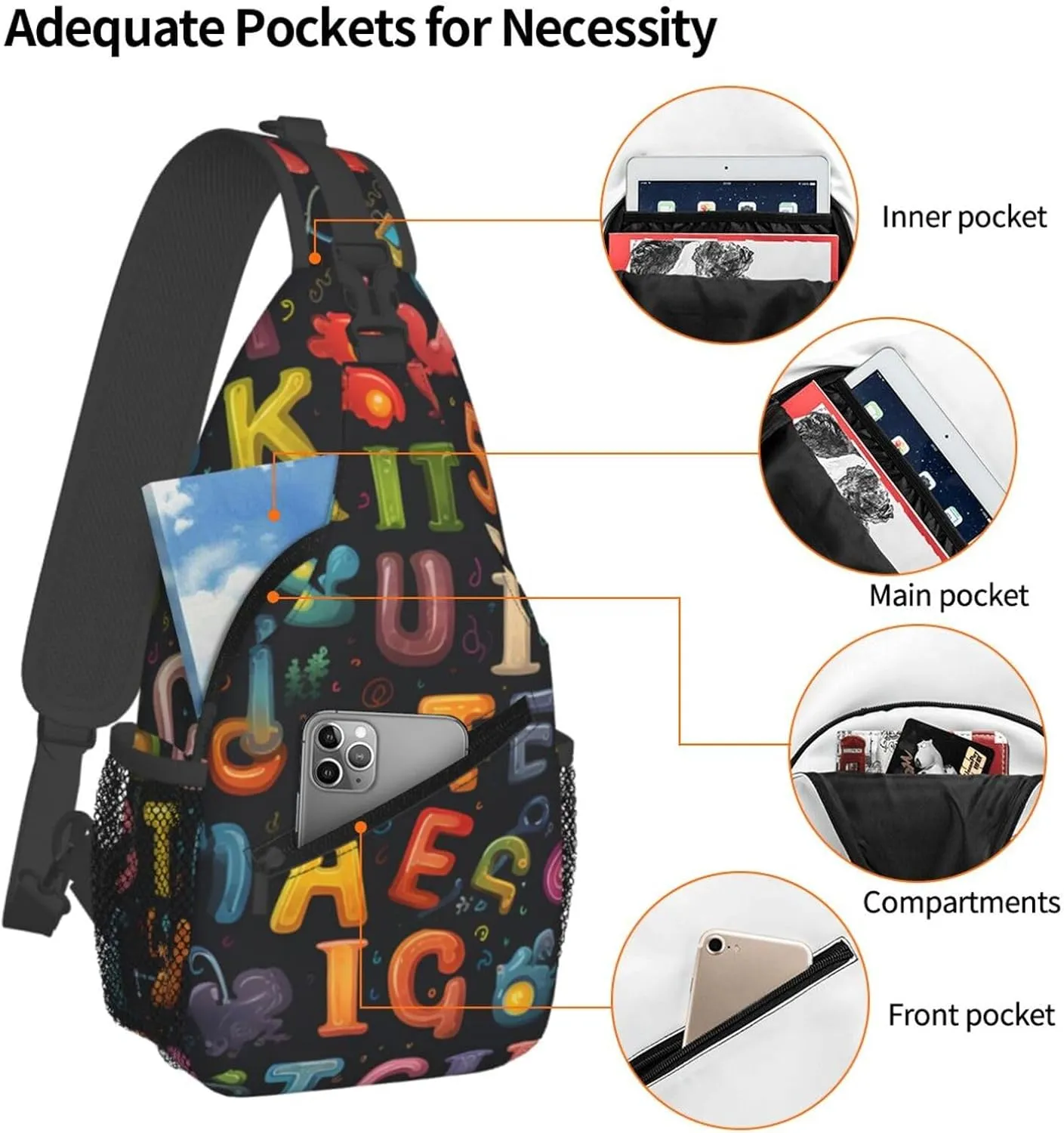 Colorful Education Alphabet Sling Bag Crossbody Bag for Men Women, Daypack Chest Backpack Shoulder Bag for Travle Hiking