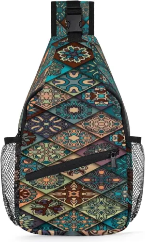 Colorit Mandalas Grid Sling Bag for Women Men Crossbody Sling Backpack Shoulder Bag Chest Bag Daypack for Travel Hiking Outdoor