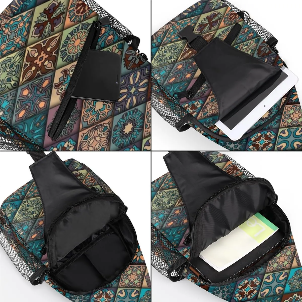Colorit Mandalas Grid Sling Bag for Women Men Crossbody Sling Backpack Shoulder Bag Chest Bag Daypack for Travel Hiking Outdoor