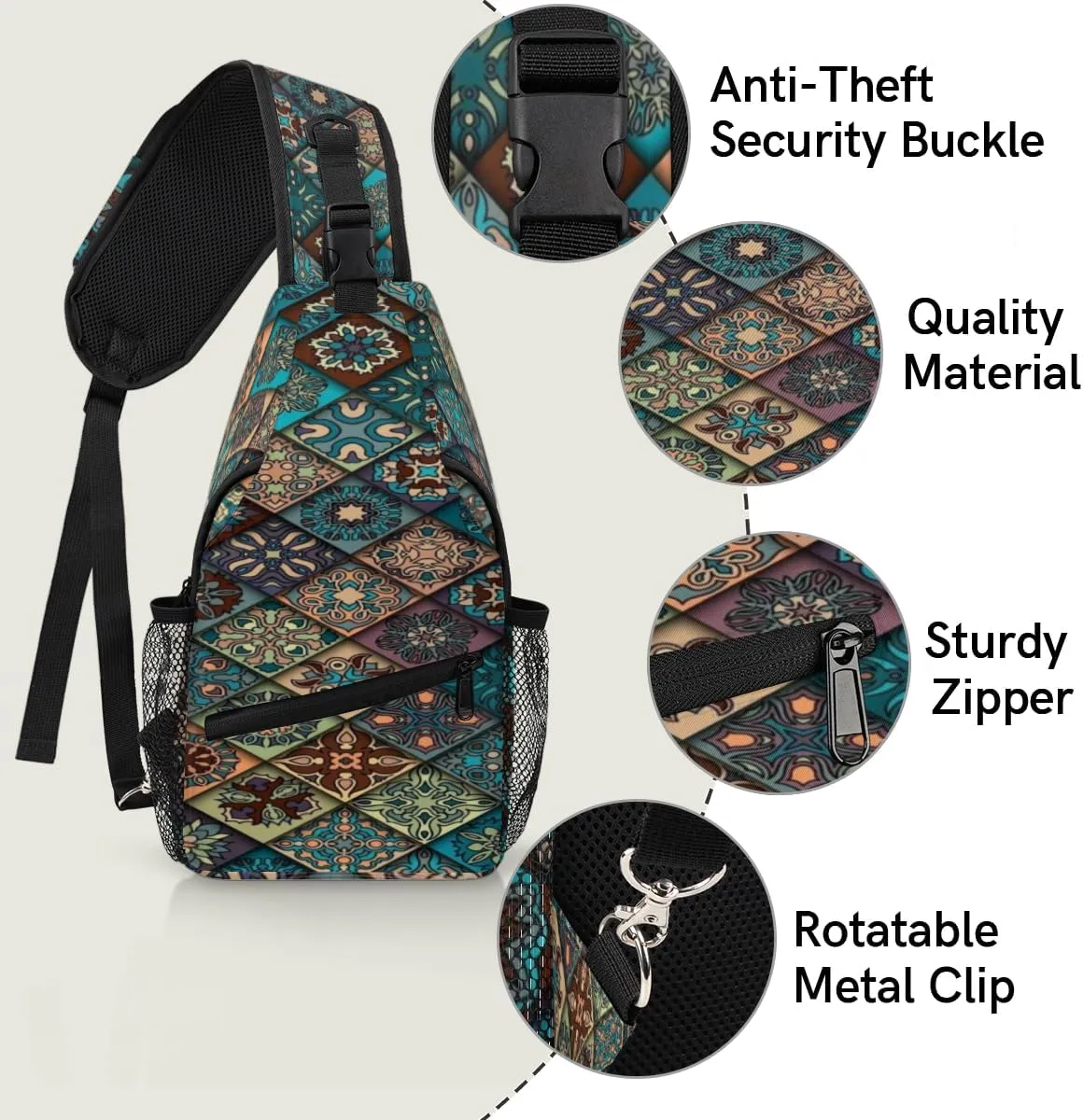 Colorit Mandalas Grid Sling Bag for Women Men Crossbody Sling Backpack Shoulder Bag Chest Bag Daypack for Travel Hiking Outdoor