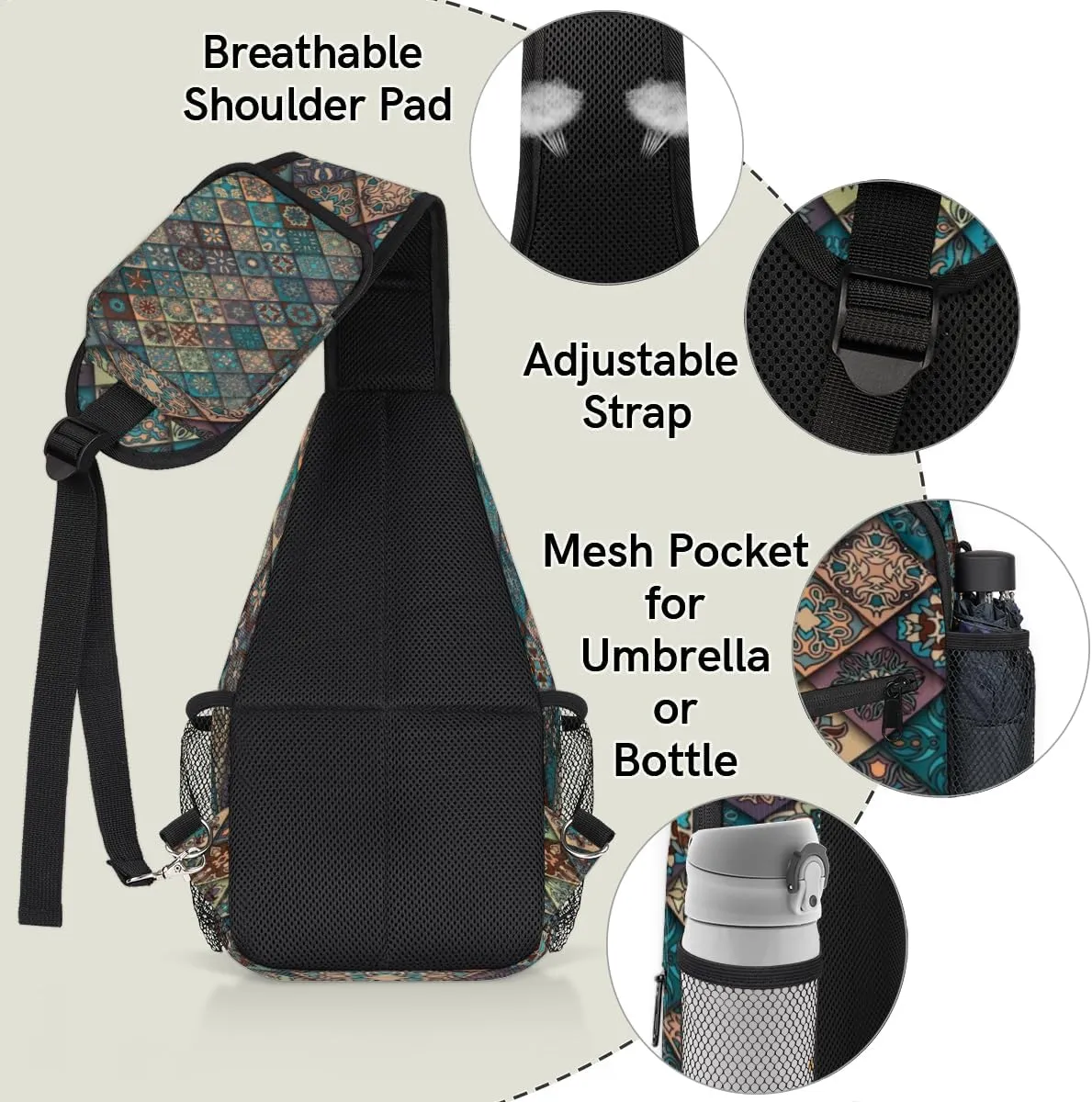 Colorit Mandalas Grid Sling Bag for Women Men Crossbody Sling Backpack Shoulder Bag Chest Bag Daypack for Travel Hiking Outdoor