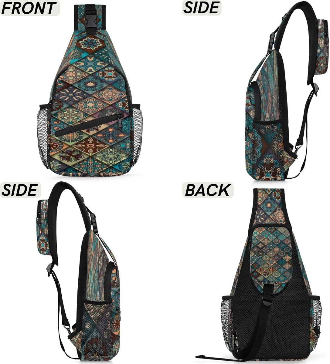 Colorit Mandalas Grid Sling Bag for Women Men Crossbody Sling Backpack Shoulder Bag Chest Bag Daypack for Travel Hiking Outdoor