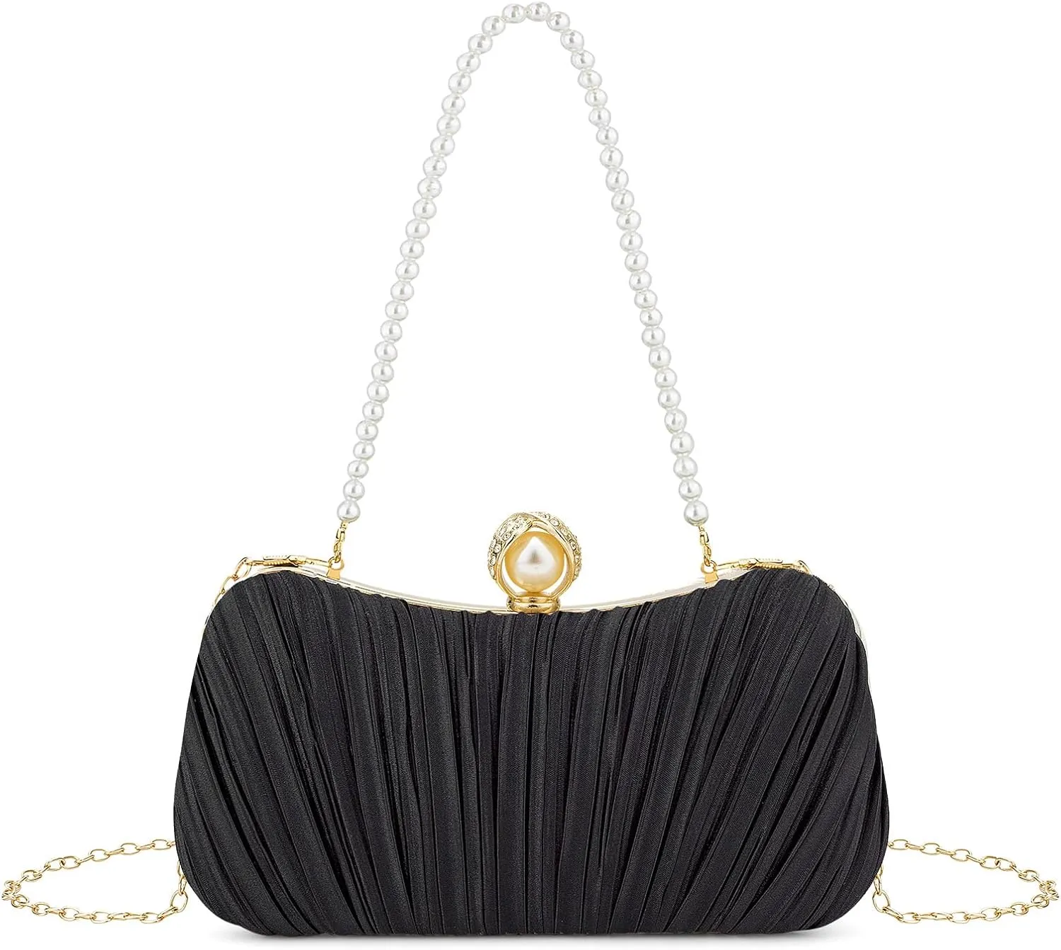 Comeon Clutch Purses for Women Satin Evening Handbags Pleated Party Clutch Bag Elegant Pearl Wedding Formal Purse with Chain