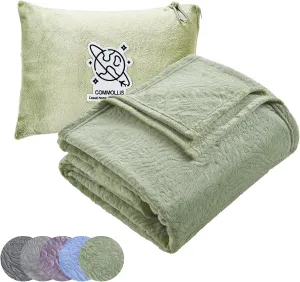 Commollis 2-in-1 Travel Blanket & Pillow for Airplane, Car, Train - Warm Compact Flight Blanket with Luggage Strap & Backpack Clip, Machine Washable, All-Season Use