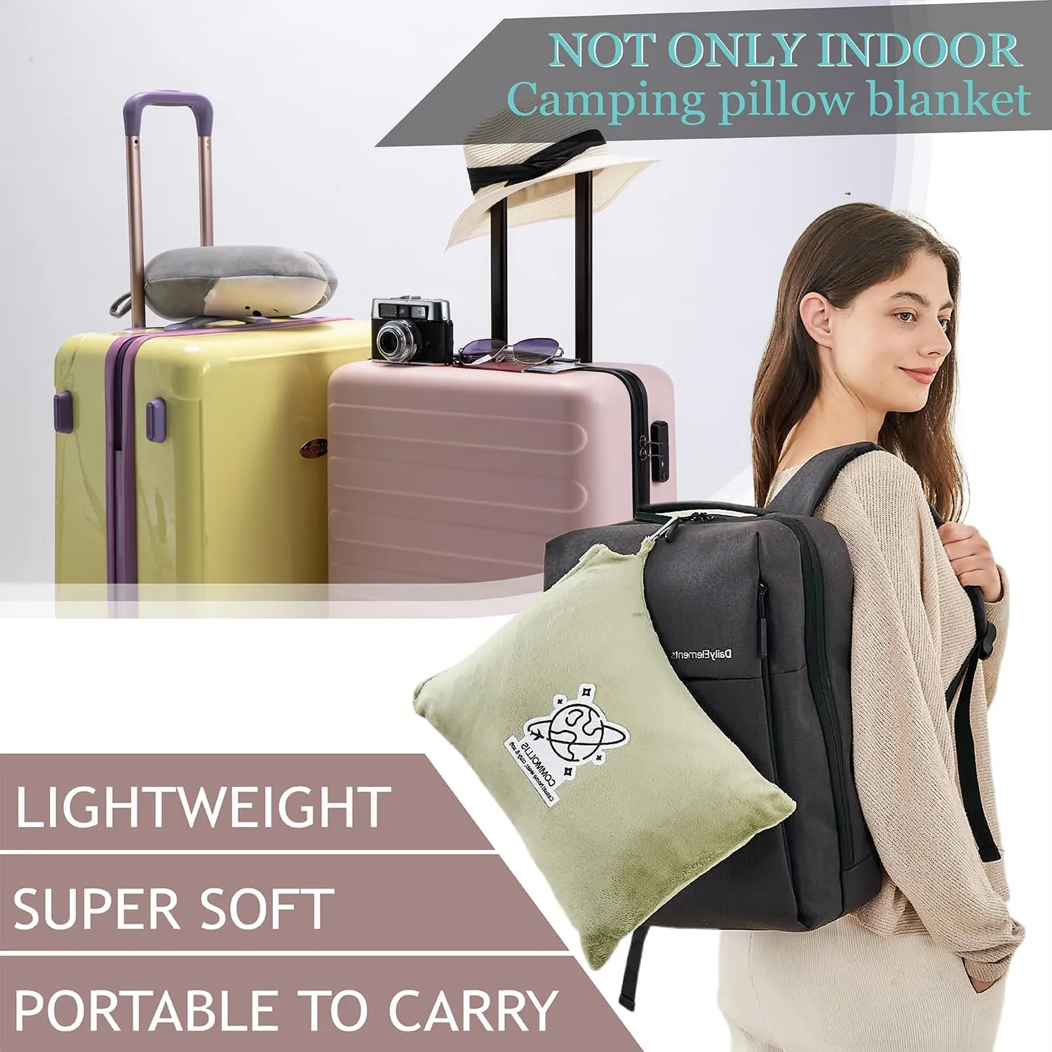 Commollis 2-in-1 Travel Blanket & Pillow for Airplane, Car, Train - Warm Compact Flight Blanket with Luggage Strap & Backpack Clip, Machine Washable, All-Season Use