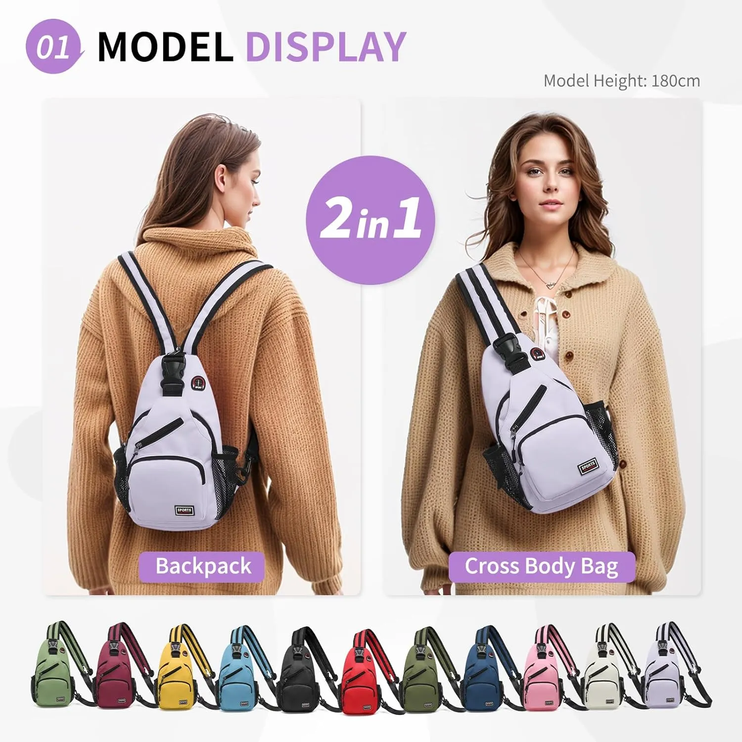 Convertible Sling Bag Crossbody Backpack, 11-Inch Pads Bags with Headphone Jack Shoulder Bag Casual Pack for Women Men Hiking Travel Cycling (Purple)
