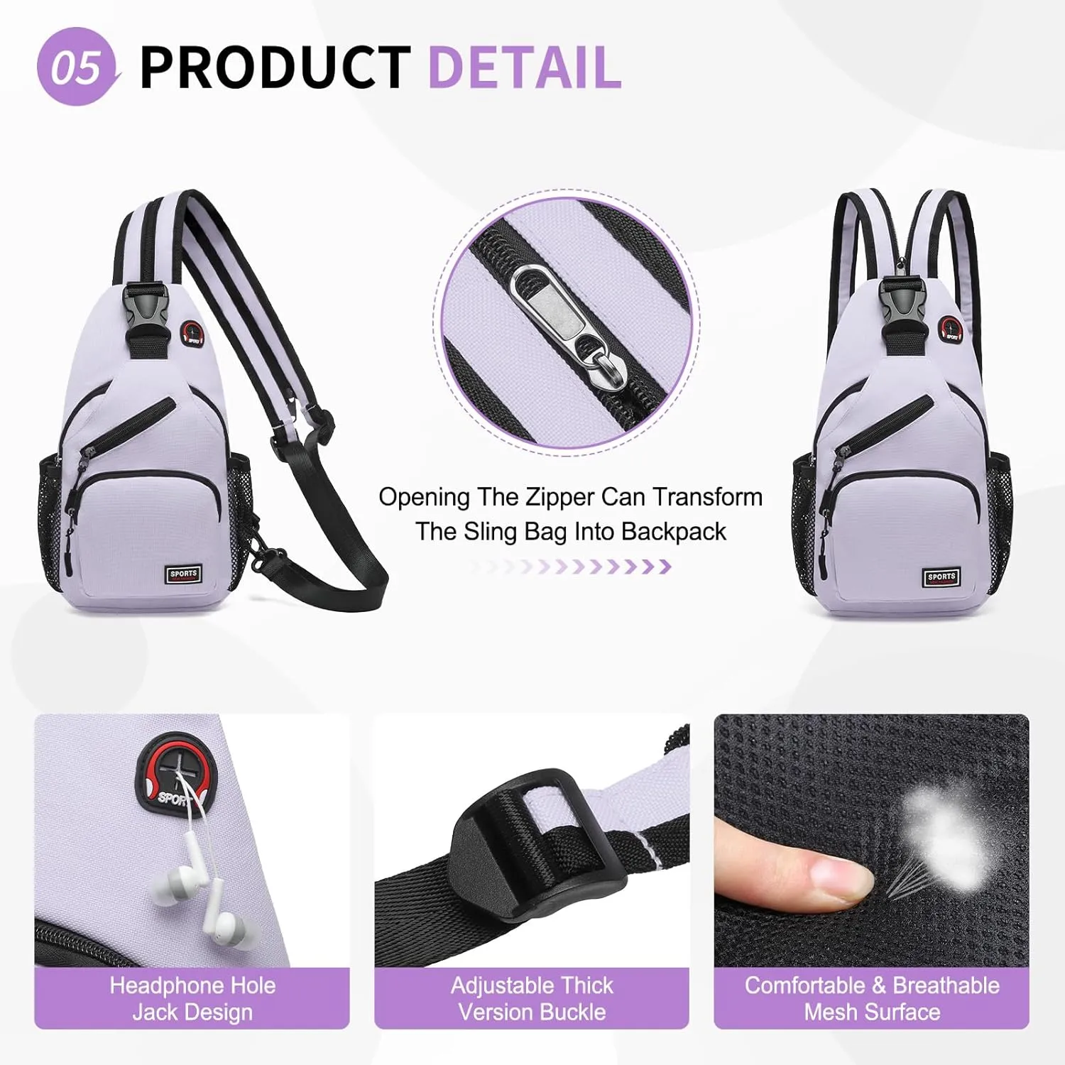 Convertible Sling Bag Crossbody Backpack, 11-Inch Pads Bags with Headphone Jack Shoulder Bag Casual Pack for Women Men Hiking Travel Cycling (Purple)