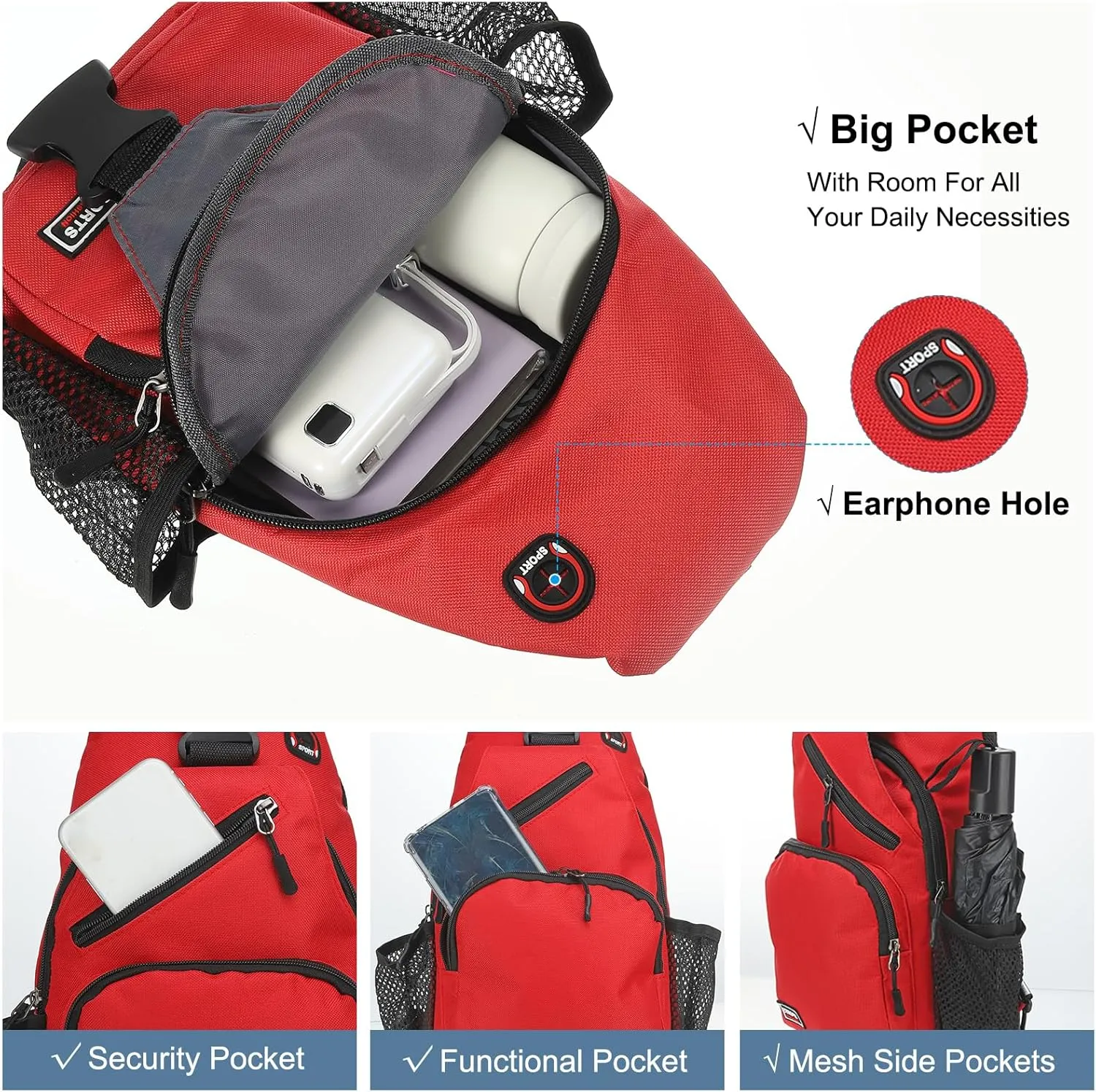 Convertible Sling Bag Crossbody Backpack - 7"x13" (LXH) Good for Women Men Hiking Travel Cycling - Shoulder Bag Casual Packs with Headphone Jack - Red