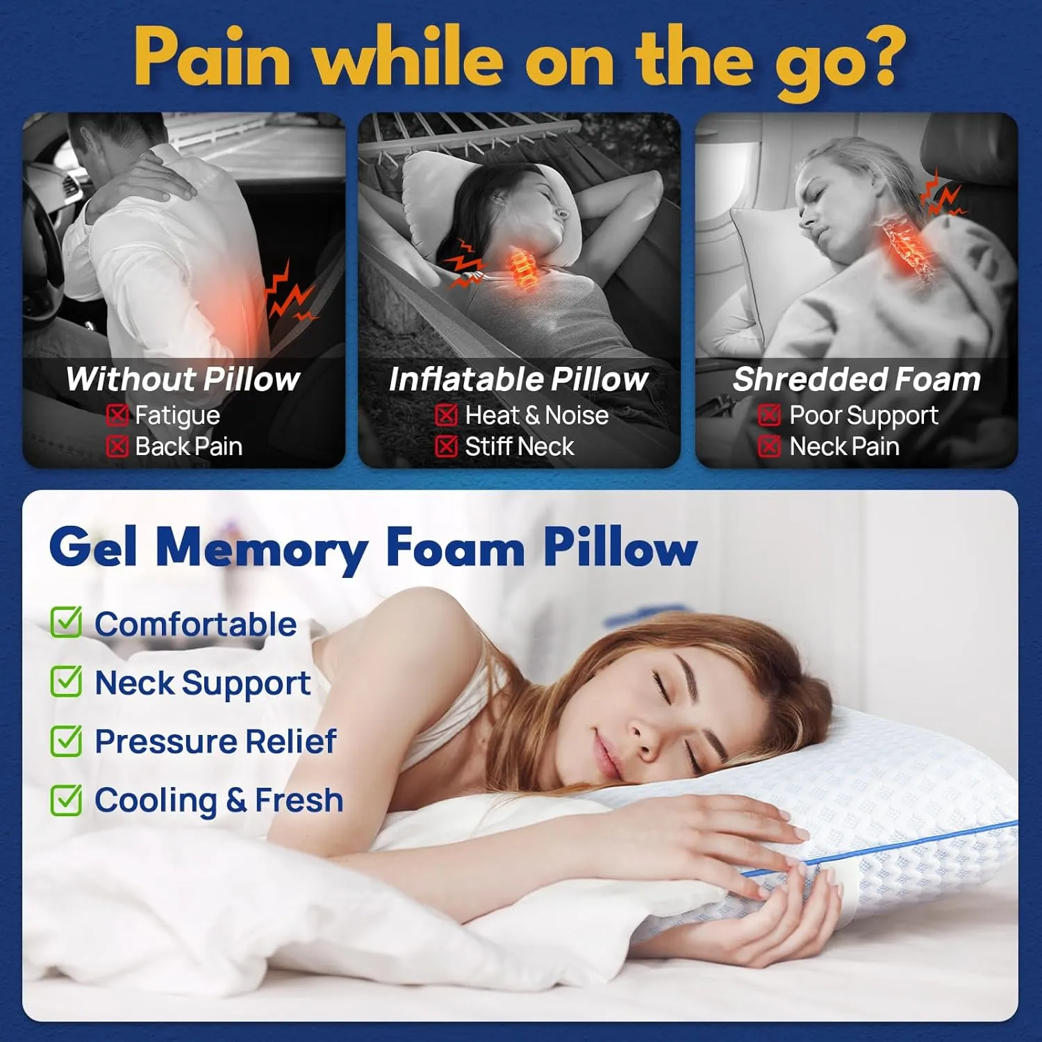 Cooling Travel & Camping Memory Foam Pillow for Sleeping,Contoured Support Medium Firm Small Travel Pillows for Airplanes & Backpacking Car Toddler Kids Compact Lightweight, Breathable Washable Cover