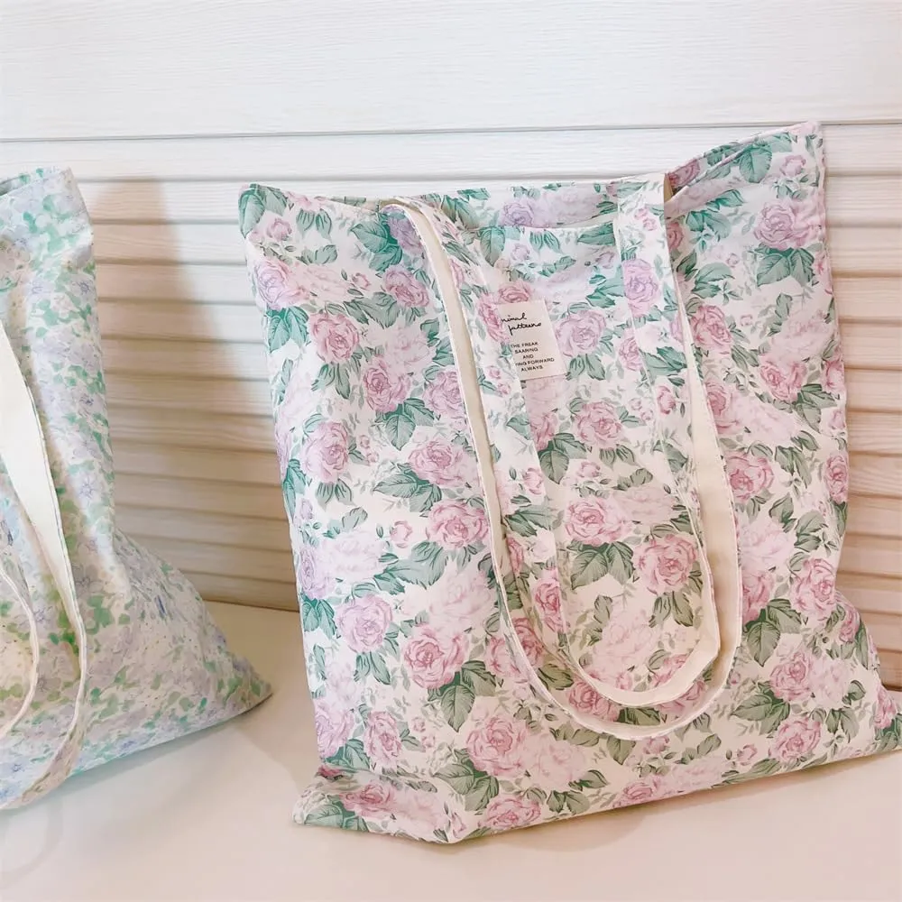 Cotton Canvas Tote Bag Reusable Soft Grocery Cloth Bag Floral Shoulder Bag for Beach Travel Shopping