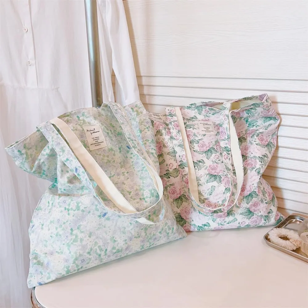 Cotton Canvas Tote Bag Reusable Soft Grocery Cloth Bag Floral Shoulder Bag for Beach Travel Shopping