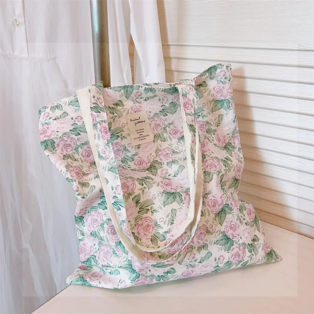 Cotton Canvas Tote Bag Reusable Soft Grocery Cloth Bag Floral Shoulder Bag for Beach Travel Shopping