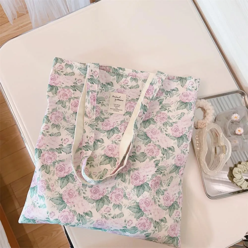 Cotton Canvas Tote Bag Reusable Soft Grocery Cloth Bag Floral Shoulder Bag for Beach Travel Shopping