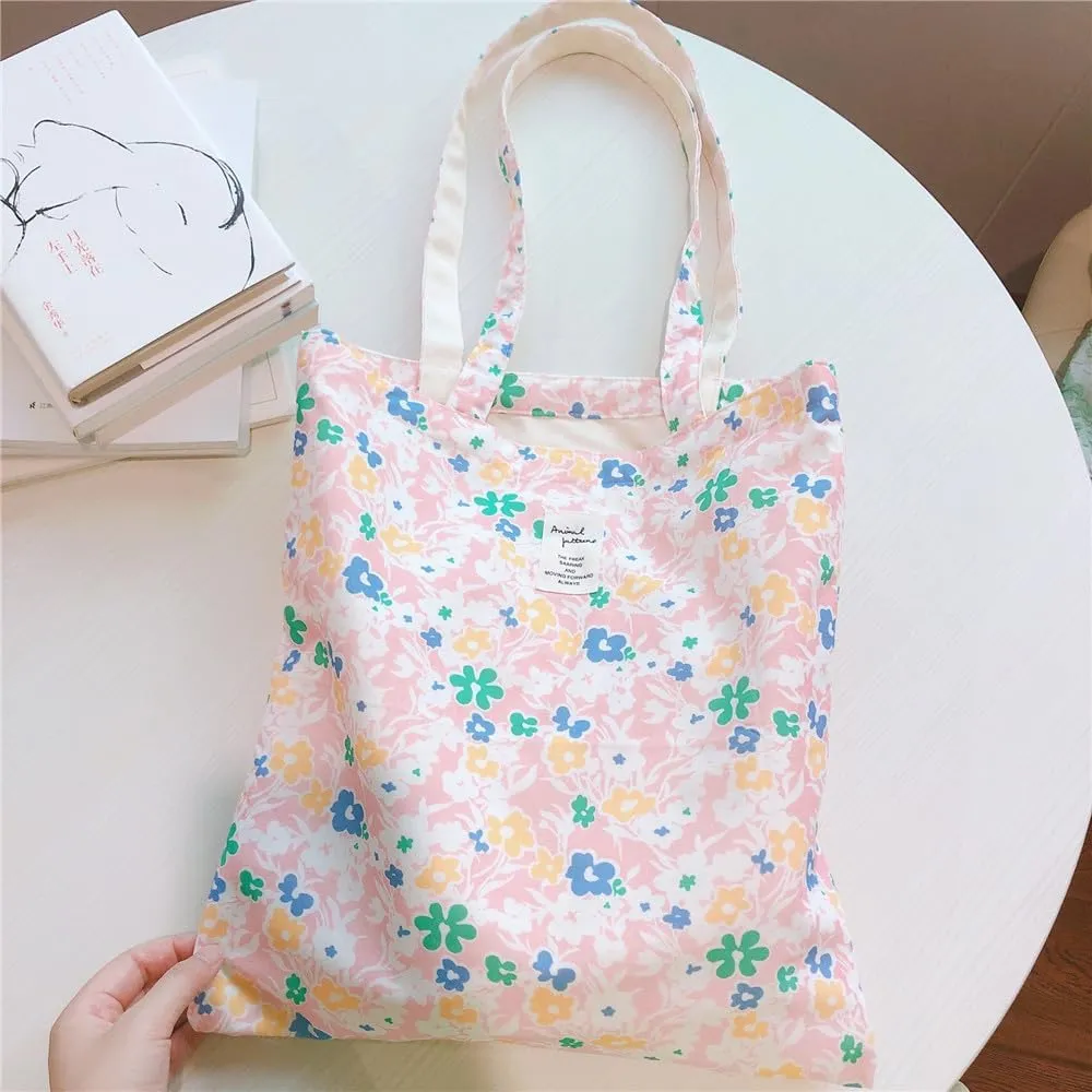 Cotton Canvas Tote Bag Reusable Soft Grocery Cloth Bag Floral Shoulder Bag for Beach Travel Shopping