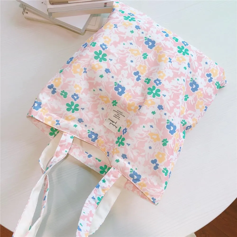 Cotton Canvas Tote Bag Reusable Soft Grocery Cloth Bag Floral Shoulder Bag for Beach Travel Shopping