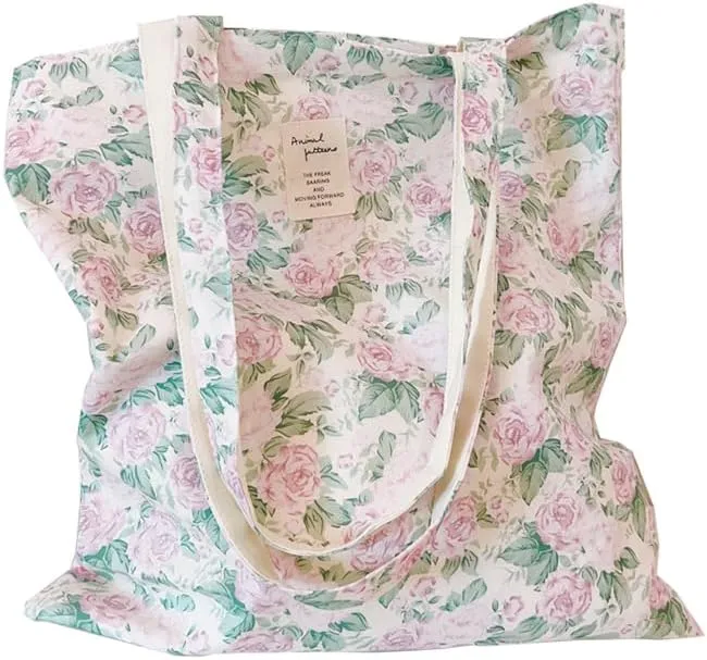 Cotton Canvas Tote Bag Reusable Soft Grocery Cloth Bag Floral Shoulder Bag for Beach Travel Shopping