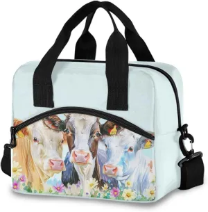 Cow Animal Lunch Cooler Bag Crossbody or Handheld Design with 10L Capacity, Full Print Insulated Interior Great for Daily Meals & Outings