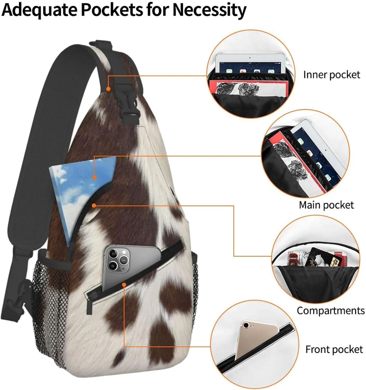 Cow Print Sling Bag for Women Crossbody Bag Brown White Cow Fur Texture Animal Skin Print Sling Backpack for Men Cute Farmhouse Cowhide Pattern Shoulder Bag Sports Travel Hiking Daypack