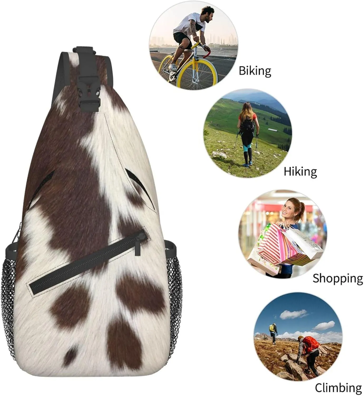 Cow Print Sling Bag for Women Crossbody Bag Brown White Cow Fur Texture Animal Skin Print Sling Backpack for Men Cute Farmhouse Cowhide Pattern Shoulder Bag Sports Travel Hiking Daypack
