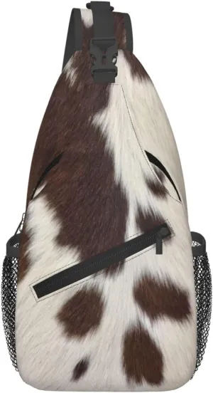 Cow Print Sling Bag for Women Crossbody Bag Brown White Cow Fur Texture Animal Skin Print Sling Backpack for Men Cute Farmhouse Cowhide Pattern Shoulder Bag Sports Travel Hiking Daypack