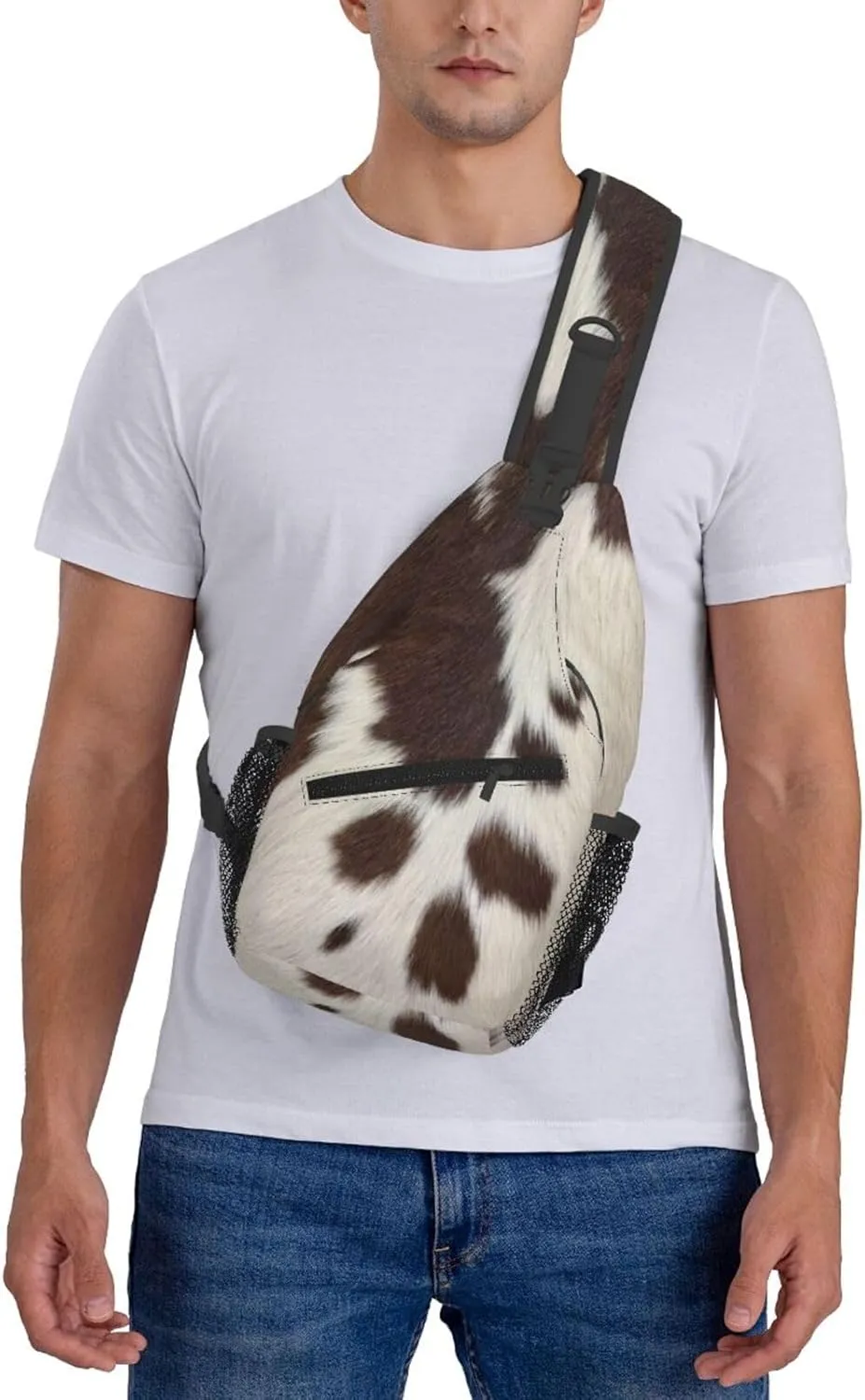 Cow Print Sling Bag for Women Crossbody Bag Brown White Cow Fur Texture Animal Skin Print Sling Backpack for Men Cute Farmhouse Cowhide Pattern Shoulder Bag Sports Travel Hiking Daypack