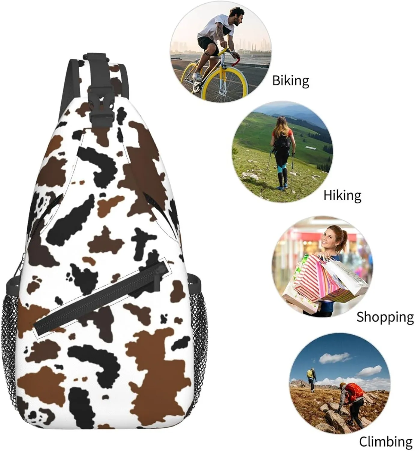 Cow Print Sling Bag for Women Crossbody Bag Cute Animal Skin Texture Black Brown Cowhide Sling Backpack for Men Abstract Animal Spots Pattern Shoulder Bag Gym Sports Travel Hiking Daypack