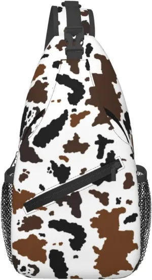 Cow Print Sling Bag for Women Crossbody Bag Cute Animal Skin Texture Black Brown Cowhide Sling Backpack for Men Abstract Animal Spots Pattern Shoulder Bag Gym Sports Travel Hiking Daypack