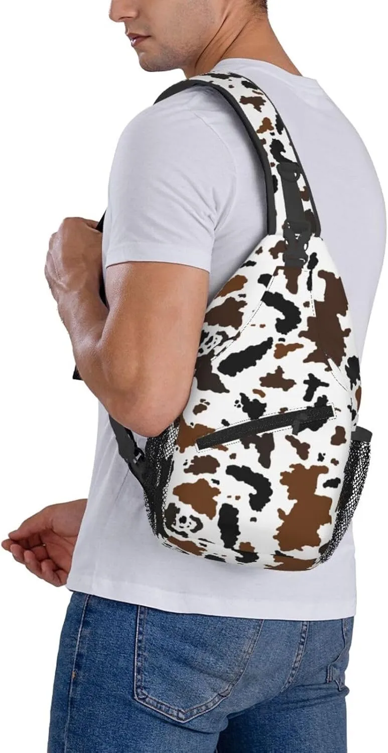 Cow Print Sling Bag for Women Crossbody Bag Cute Animal Skin Texture Black Brown Cowhide Sling Backpack for Men Abstract Animal Spots Pattern Shoulder Bag Gym Sports Travel Hiking Daypack