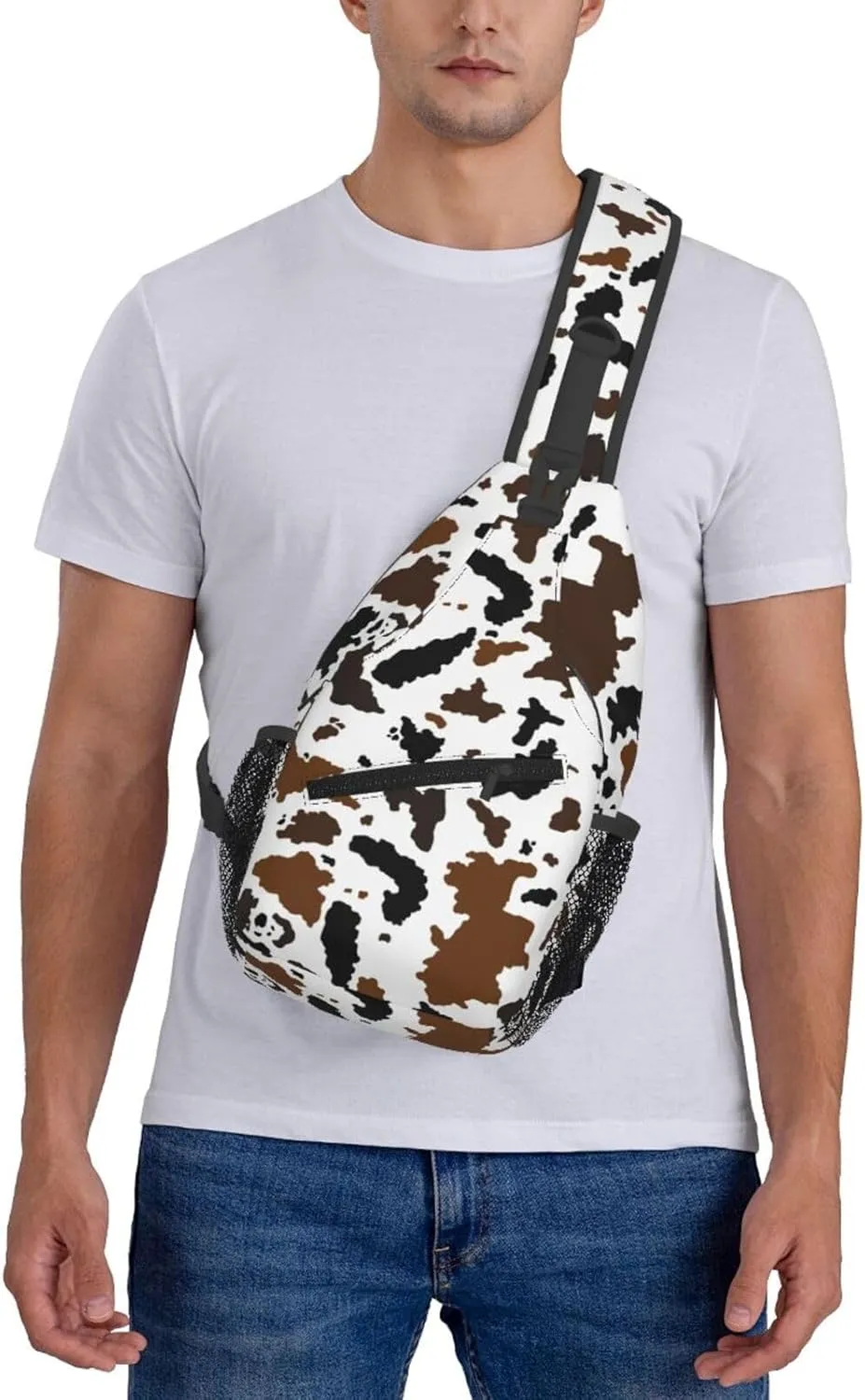 Cow Print Sling Bag for Women Crossbody Bag Cute Animal Skin Texture Black Brown Cowhide Sling Backpack for Men Abstract Animal Spots Pattern Shoulder Bag Gym Sports Travel Hiking Daypack