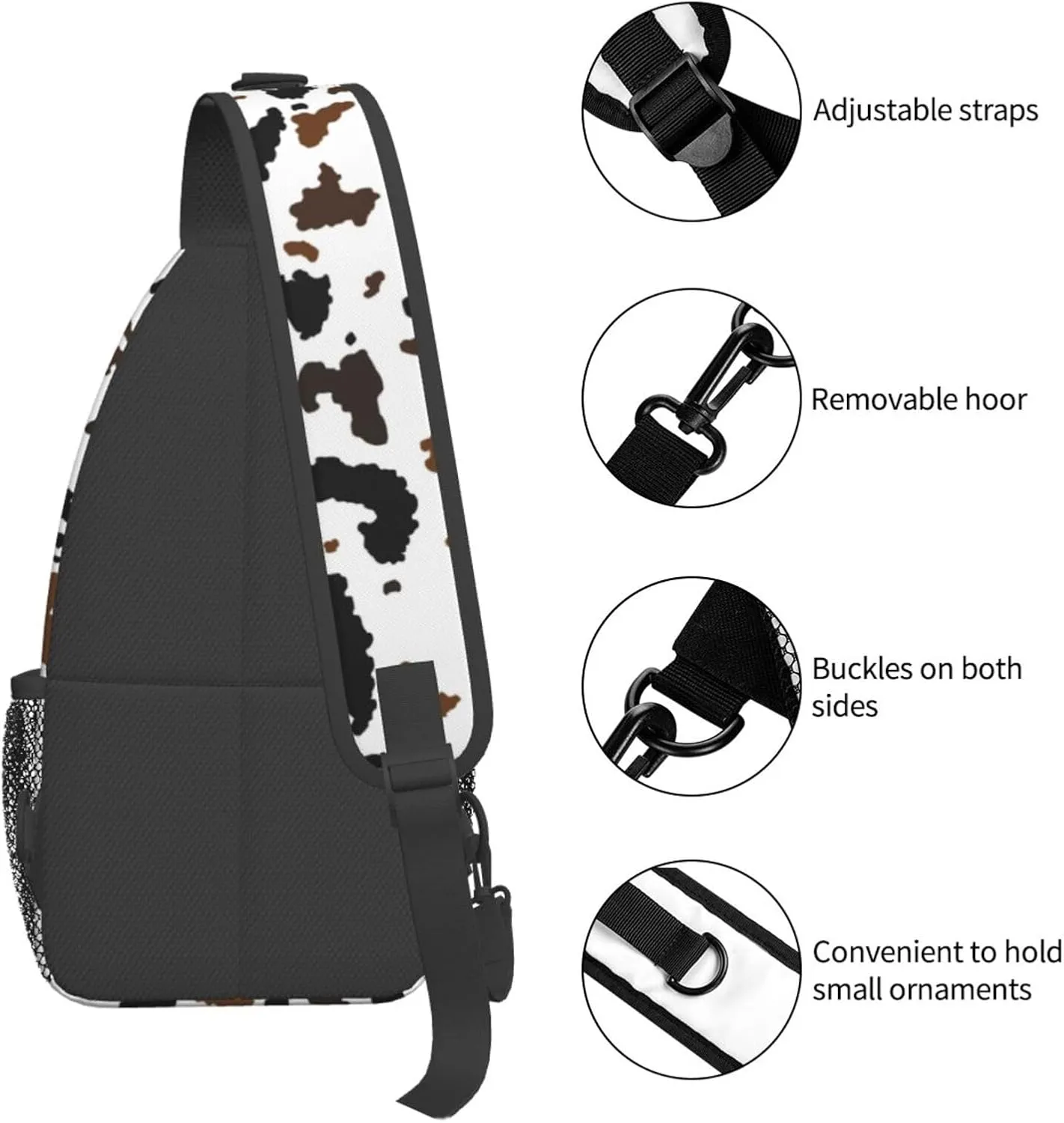 Cow Print Sling Bag for Women Crossbody Bag Cute Animal Skin Texture Black Brown Cowhide Sling Backpack for Men Abstract Animal Spots Pattern Shoulder Bag Gym Sports Travel Hiking Daypack