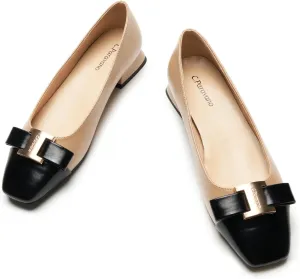 C.Paravano Women's Ballet Flats with Bowknot Detail & Square Toe - Chunky Low Block Heel Dressy Flats for Office, Wedding, Party & Date Night| Breathable Casual Work & Commuting Pumps(Beige&Black,9.5)
