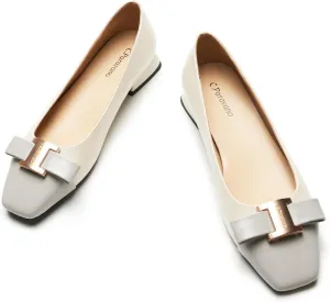 C.Paravano Women's Ballet Flats with Bowknot Detail & Square Toe - Chunky Low Block Heel Dressy Flats for Office, Wedding, Party & Date Night| Breathable Casual Work & Commuting Pumps(White&Grey,9.5)