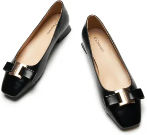 C.Paravano Women's Chunky Block Heel Ballet Flats-Square Toe Bowknot Pumps|for Women Dressy,Office Work Shoes,Wedding Guest Attire,Spring Dressy Footwear|Solid Colors(Black,8)