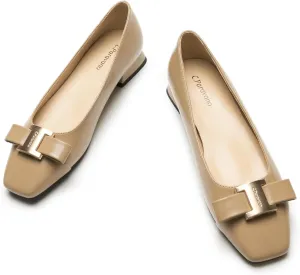 C.Paravano Women's Chunky Block Heel Ballet Flats-Square Toe Bowknot Pumps|for Women Dressy,Office Work Shoes,Wedding Guest Attire,Spring Dressy Footwear|Solid Colors(Camel,8)