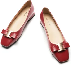 C.Paravano Women's Chunky Block Heel Ballet Flats-Square Toe Bowknot Pumps|for Women Dressy,Office Work Shoes,Wedding Guest Attire,Spring Dressy Footwear|Solid Colors(Red,10)