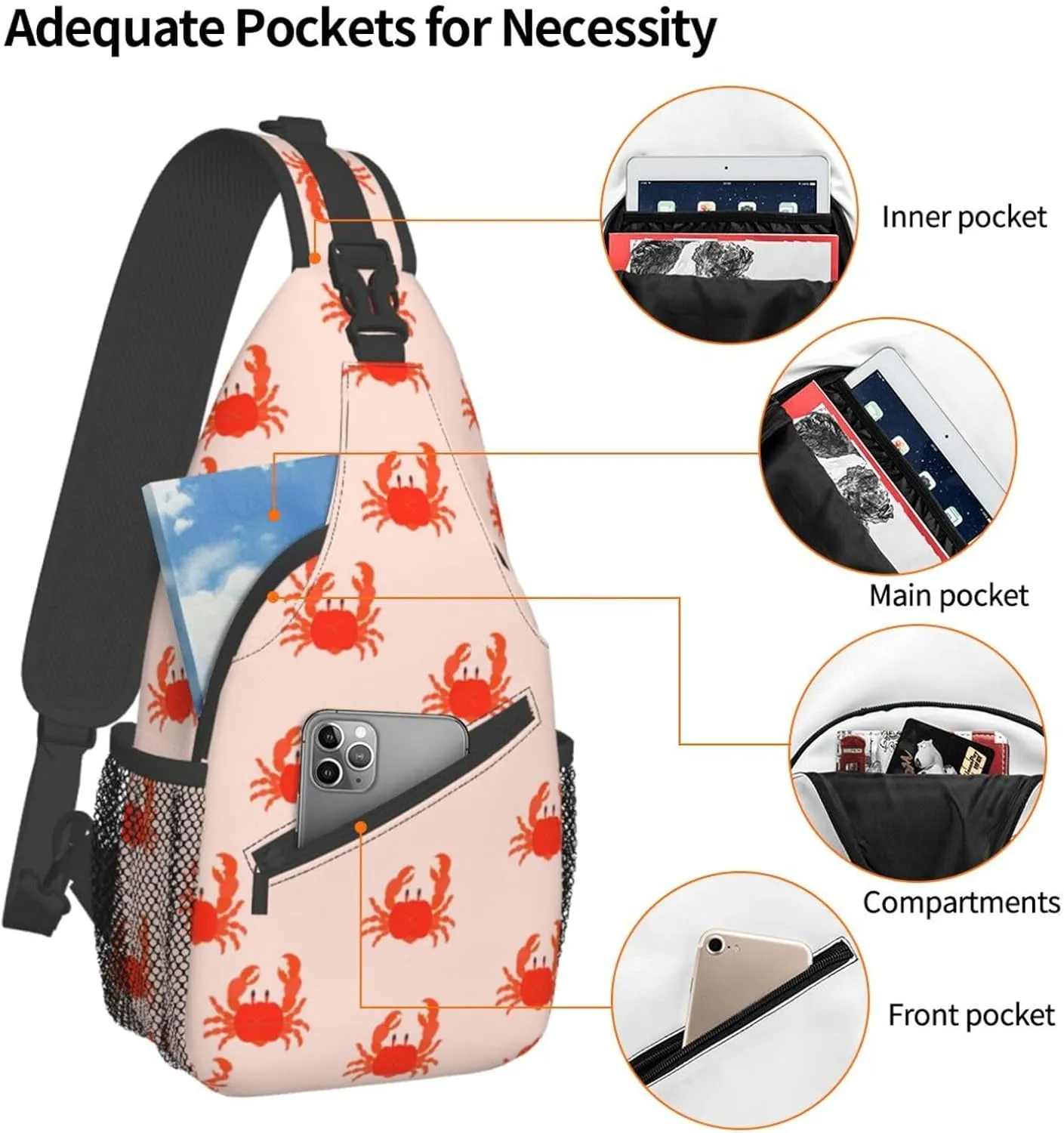 Crabs Seafood Marine Sling Bag for Women Mens Crossbody Backpack Hiking Travel Daypack Shoulder Chest Bag with Adjustable Strap