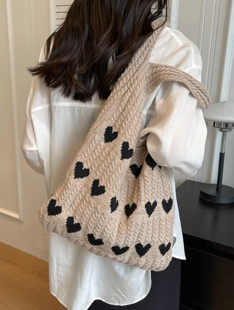 Croche Tote Shoulder Bag for Women Large Haert Shape Beach Bag Handbags Y2k Knitted Hobo Bag Handmade Shoulder Bags