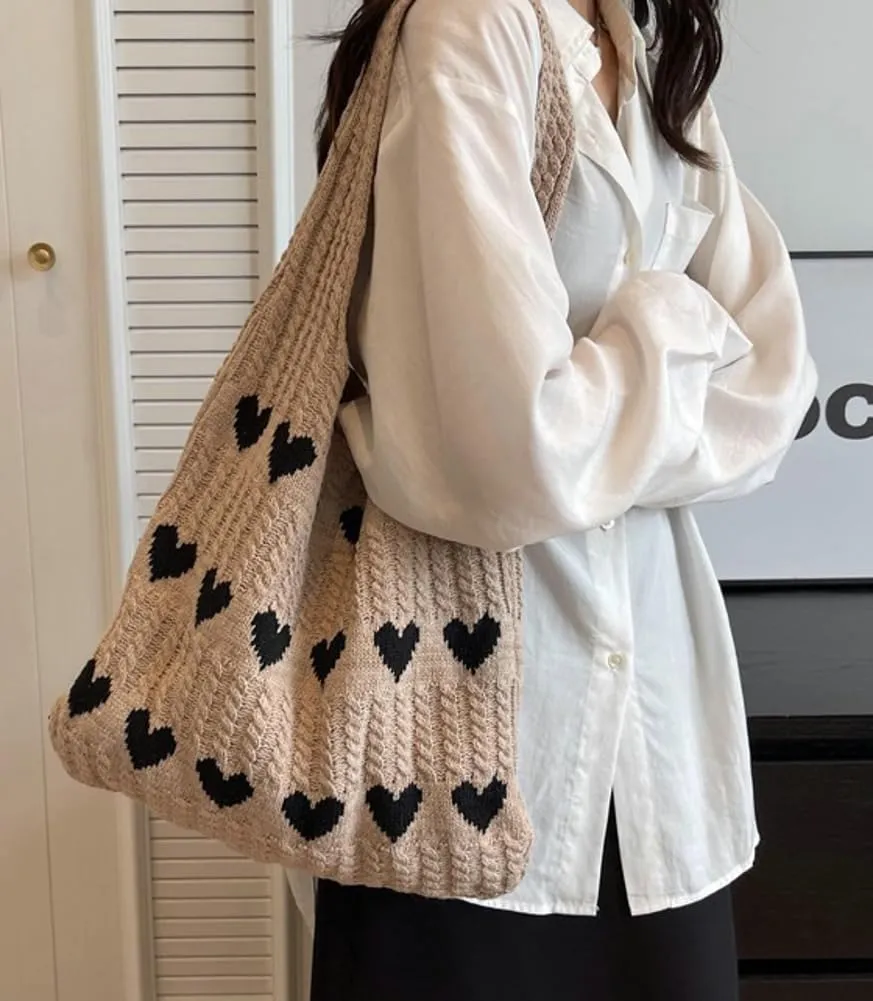 Croche Tote Shoulder Bag for Women Large Haert Shape Beach Bag Handbags Y2k Knitted Hobo Bag Handmade Shoulder Bags