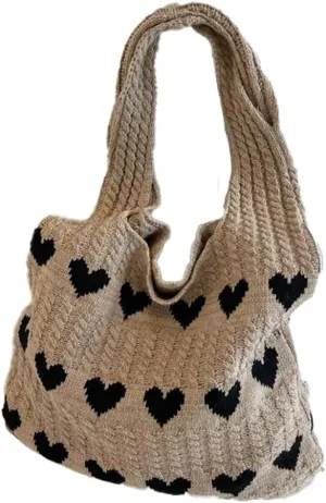 Croche Tote Shoulder Bag for Women Large Haert Shape Beach Bag Handbags Y2k Knitted Hobo Bag Handmade Shoulder Bags