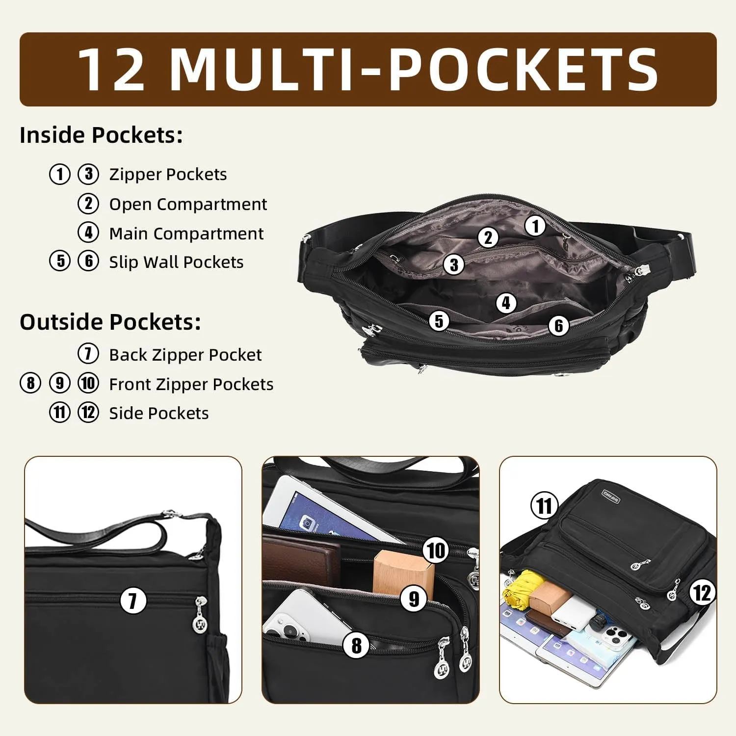 Crossbody Bag for Women,Multi Pockets Cross Body Purses for Women, Ladies Shoulder Bag, Travel Purses and Handbags