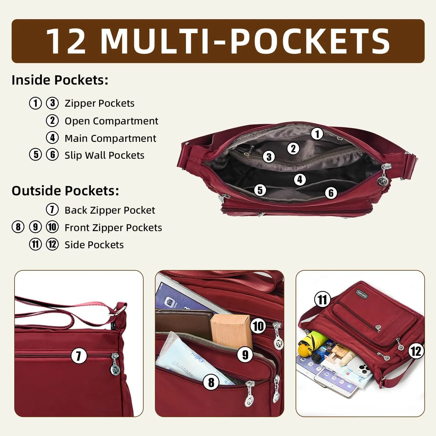 Crossbody Bag for Women,Multi Pockets Cross Body Purses for Women, Ladies Shoulder Bag, Travel Purses and Handbags