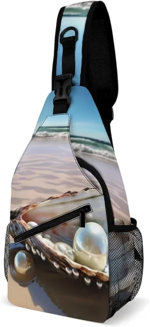 Crossbody Bag Travel Sling Bag for Men Small Sling Backpack Beach Mussel Pearl Chest Bag Shoulder Bag for Outdoor, 38x20cm
