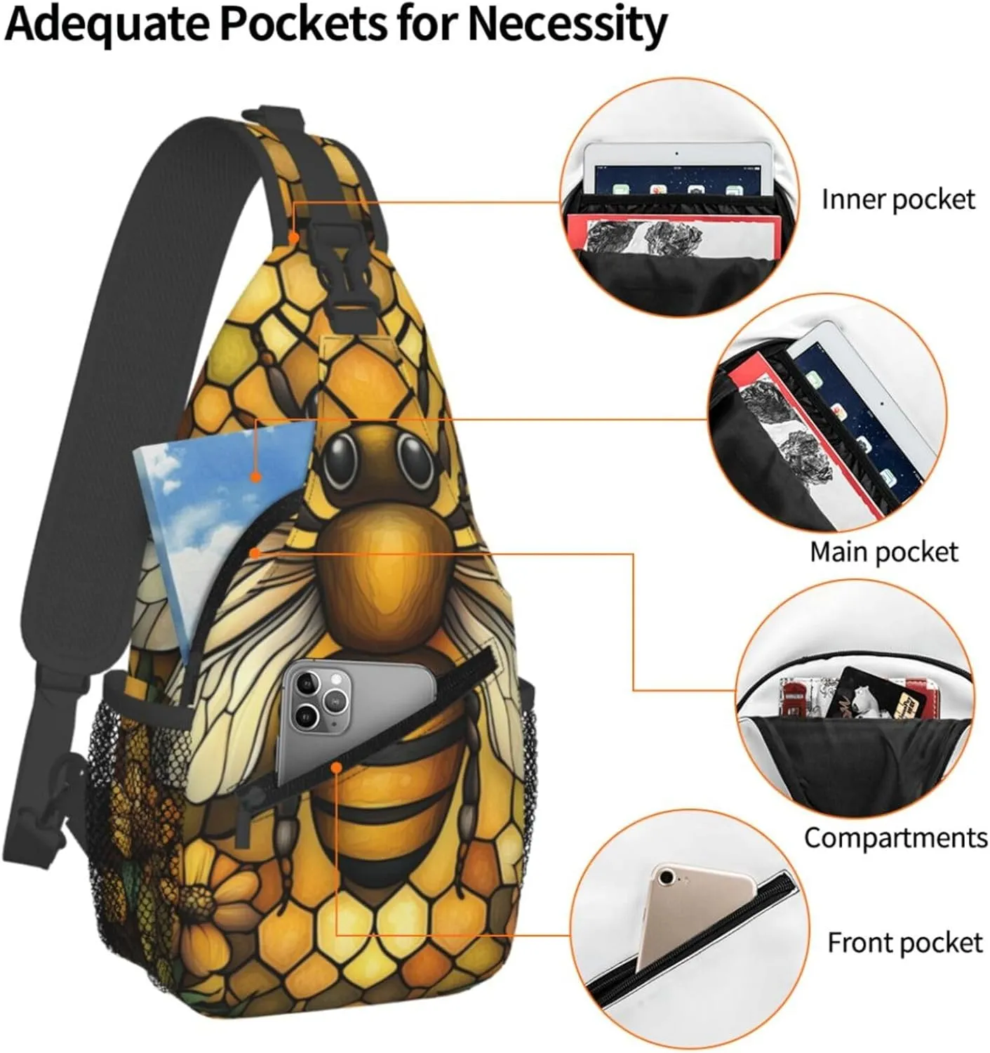 Crossbody Bags For Women Men Bee Hive Sling Backpack Chest Shoulder Bag Gym Cycling Travel Hiking Daypack