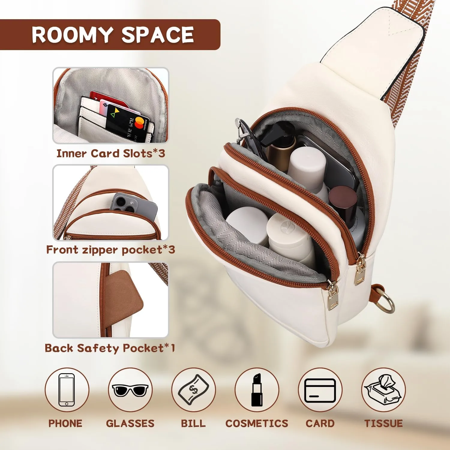 Crossbody Bags for Women Sling Bag Crossbody Fanny Pack Chest Bag Vegan Faux Leather Sling Backpack Daypack Travel Purse Anti Theft,Ideal Christmas Gift for Women - Beige with Brown