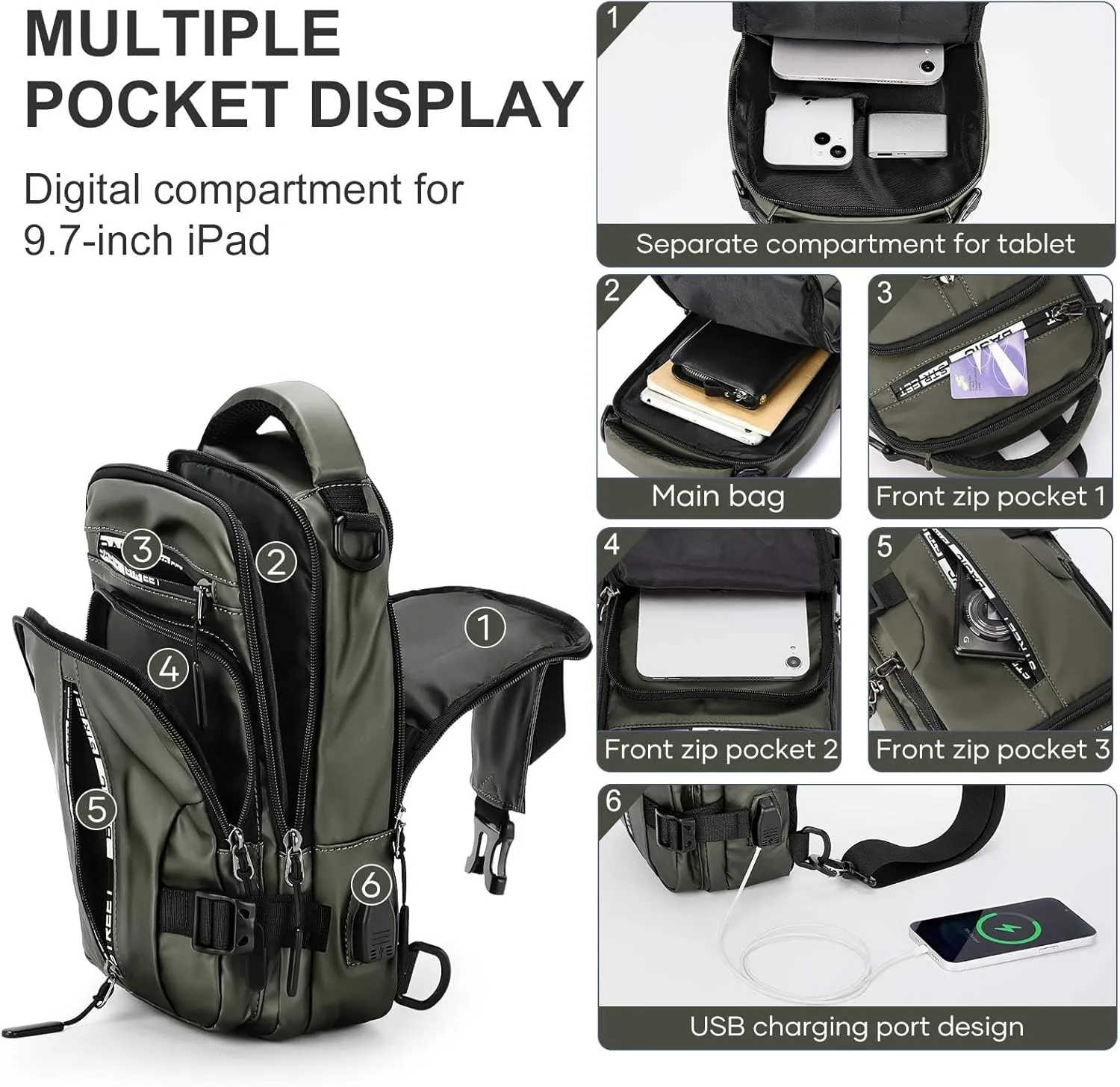 Crossbody Sling Backpacks Sling Bag for Men Women, Small Shoulder Backpack Motorcycle Chest Bags One Strap Backpack, Mini Chest Daypack for Casual Travel Hiking Gym Outdoor Sports Green
