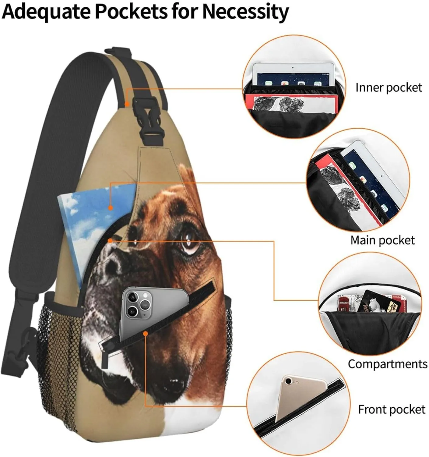 Crossbody Sling Bag for Men Women, Lovely Boxer Dog Sling Backpack Shoulder Chest Bag, Anti Theft Travel Hiking Daypacks