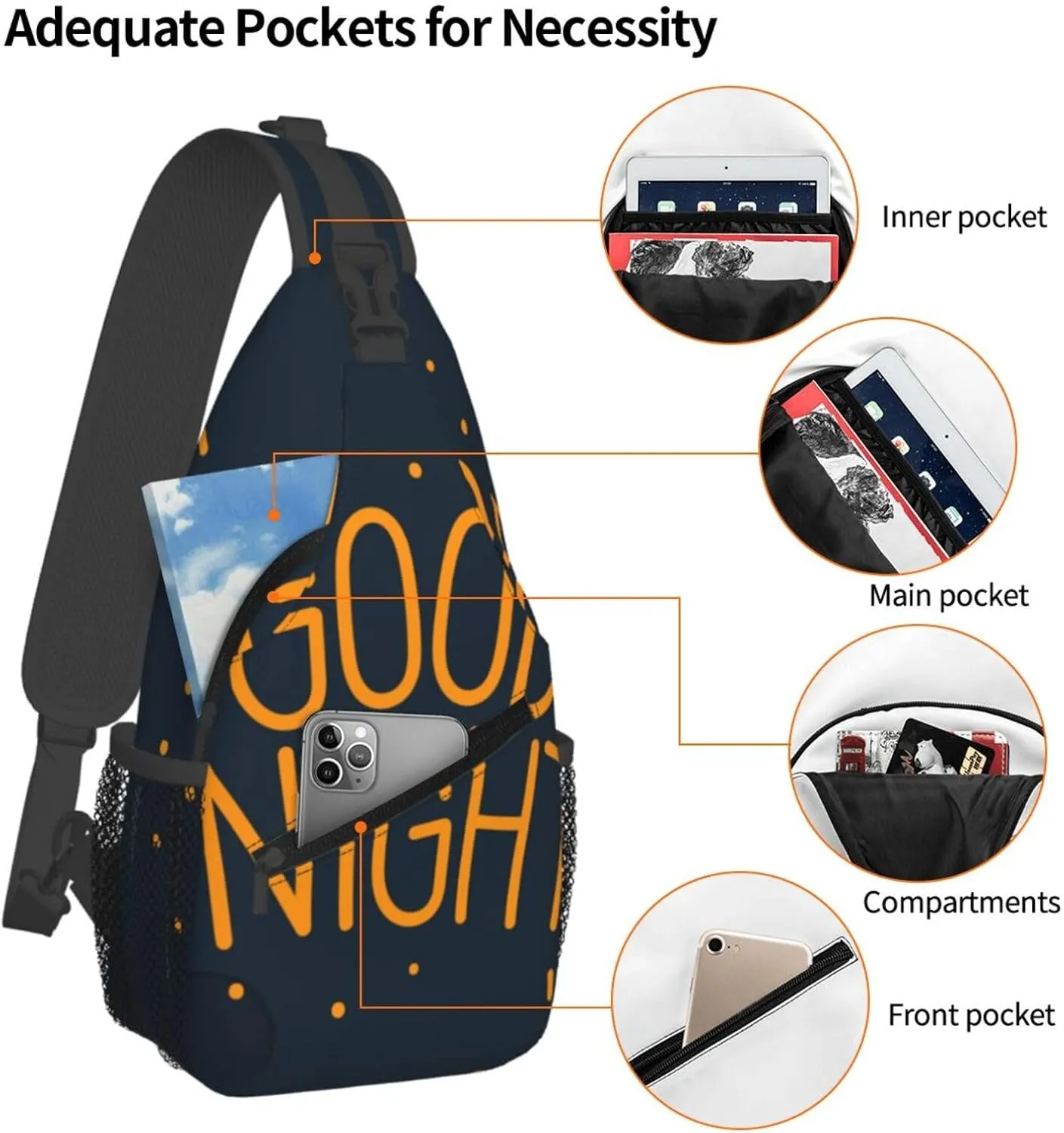 Crossbody Sling Bag for Men Women, Orange Good Night Blue Sling Backpack Shoulder Chest Bag, Anti Theft Travel Hiking Daypacks